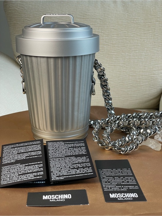 Moschino Handbags - NWT Moschino Trash Can Crossbody Silver Metallic with Chunky Chain